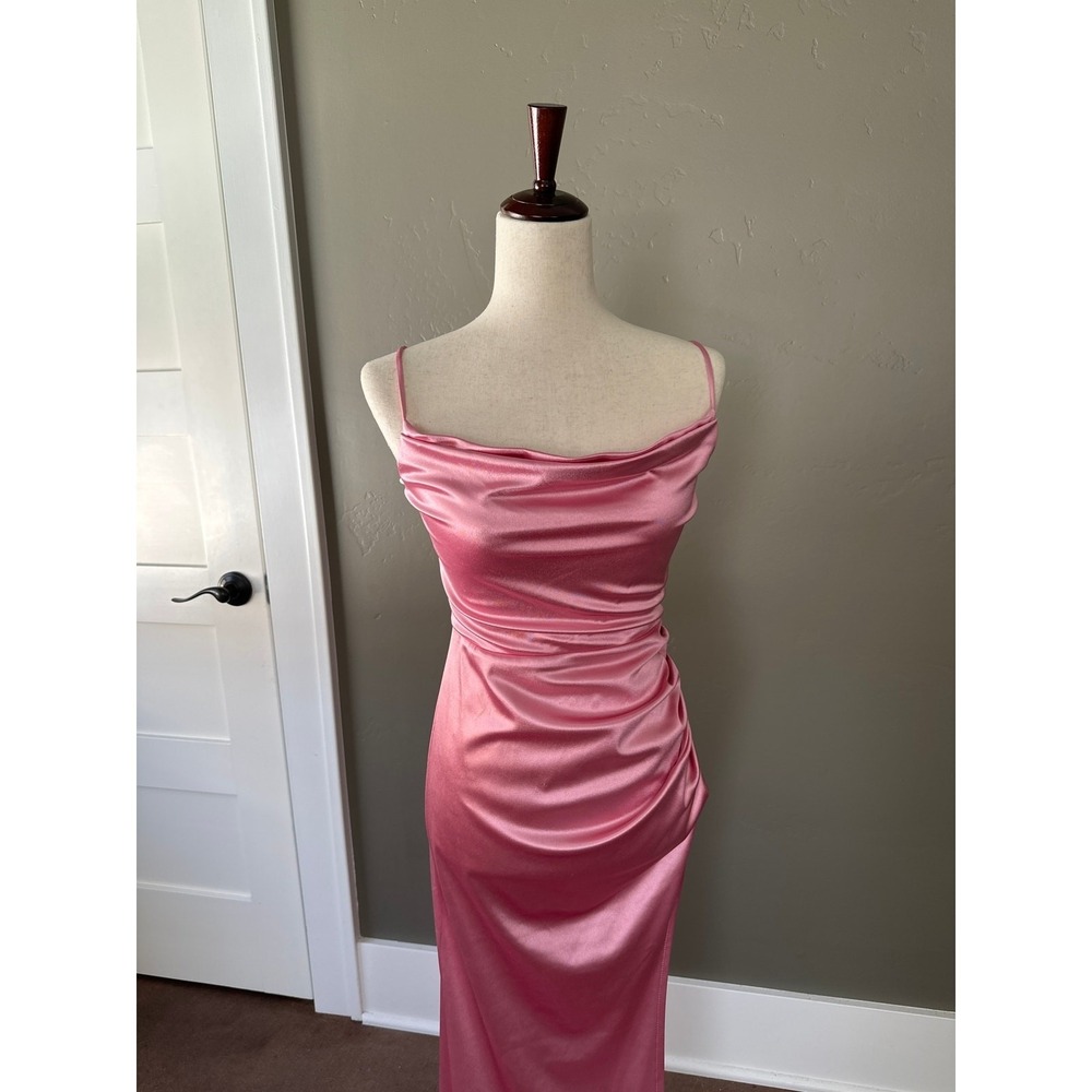 New B.Darlin Formal Gown Sz 5/6 Pink Satin Cowl Neck Ruched Slit Floor Length - Picture 6 of 14